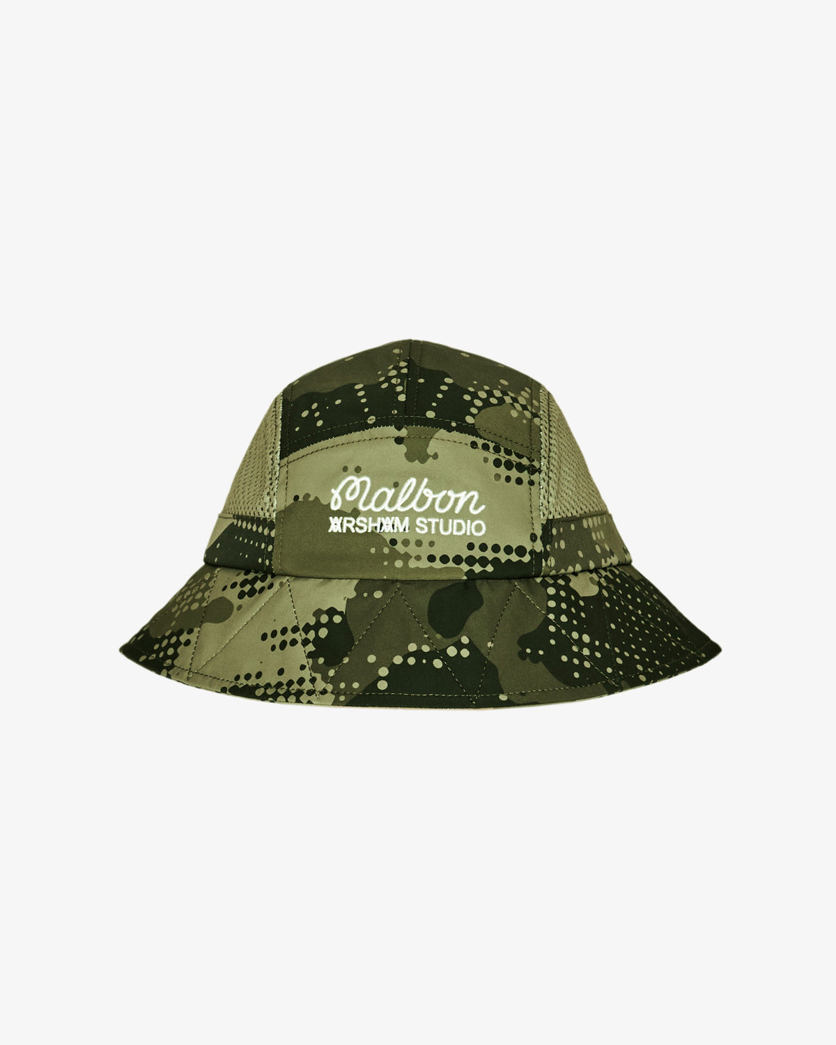 Malbon Golf x Daniel Arsham Stealth Bucket Hat – Olive Stealth Camo — product view, olive camo bucket hat, Gallery Streetwear Canada