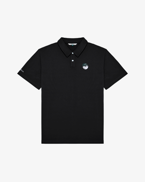 Malbon Golf Fairway Baldwin Polo in black – front view of men's short sleeve golf polo