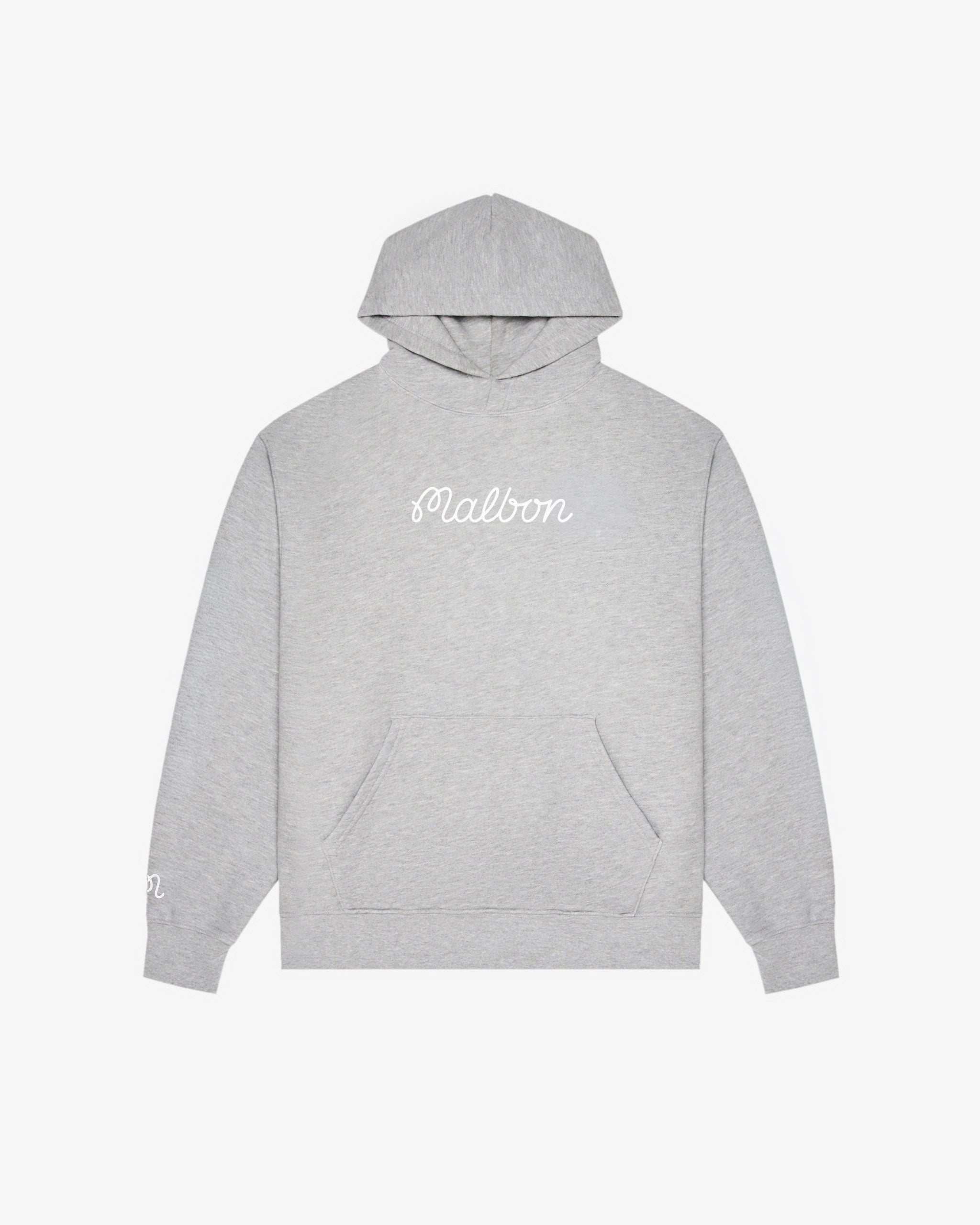 Malbon Golf Fesque Hoodie in heather grey, front view — heavyweight USA-made fleece, Gallery Streetwear Canada