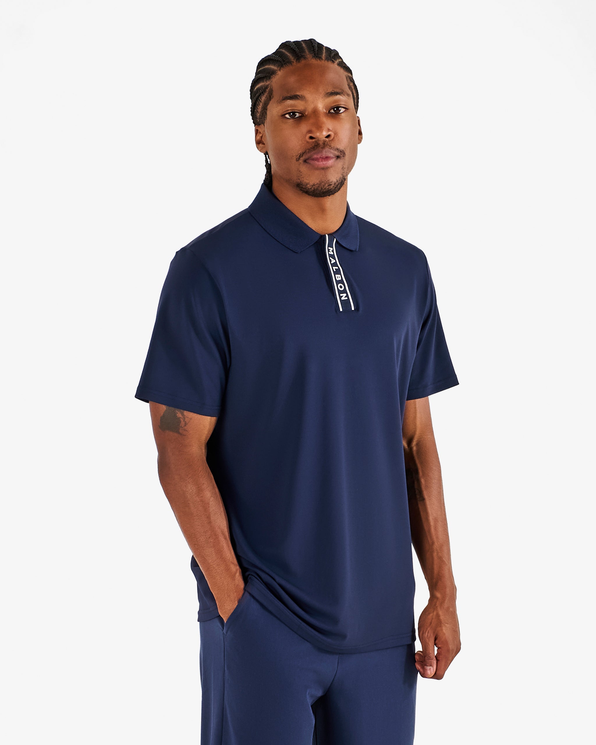 Malbon Golf Block Placket Polo Navy – on-course lifestyle view