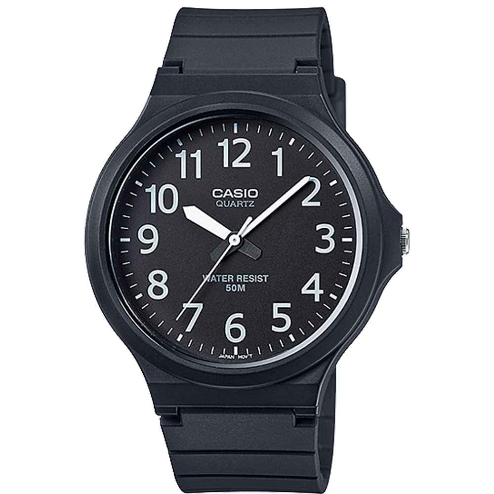 Casio MW-240-1BV black resin analog watch, front view