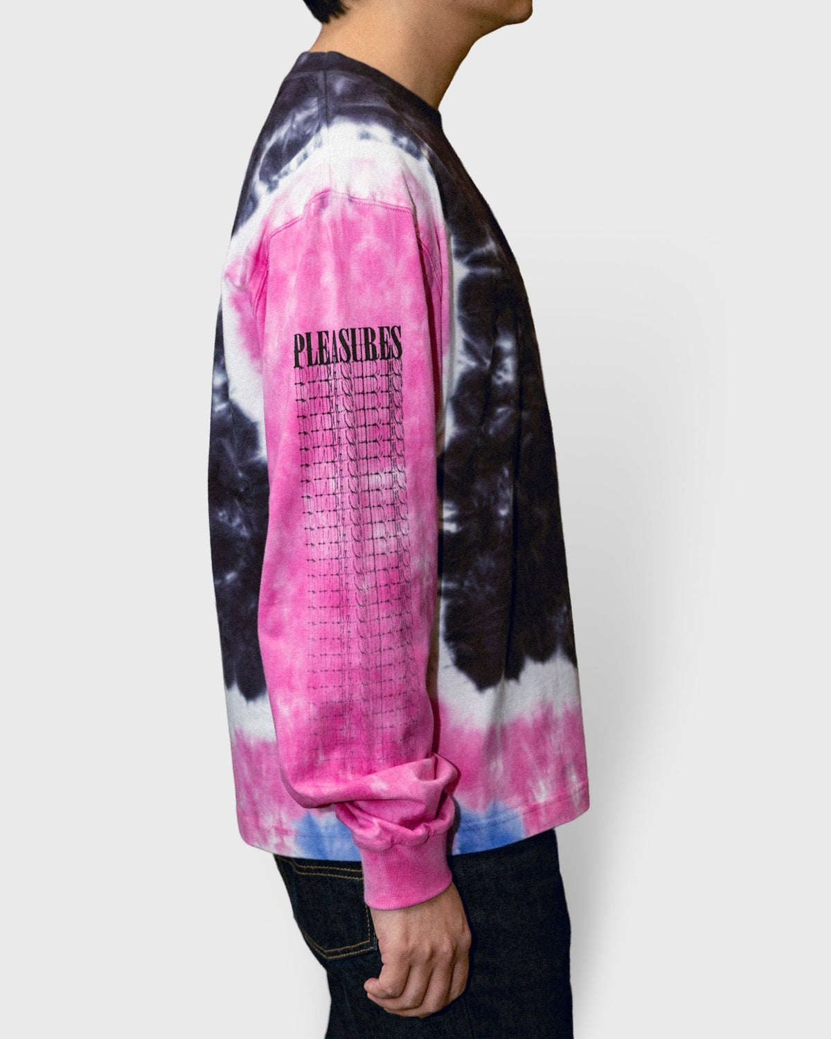 Pleasures Blurred Longsleeve Tie Dye — tie dye cotton long sleeve t-shirt worn on model, Gallery Streetwear Canada
