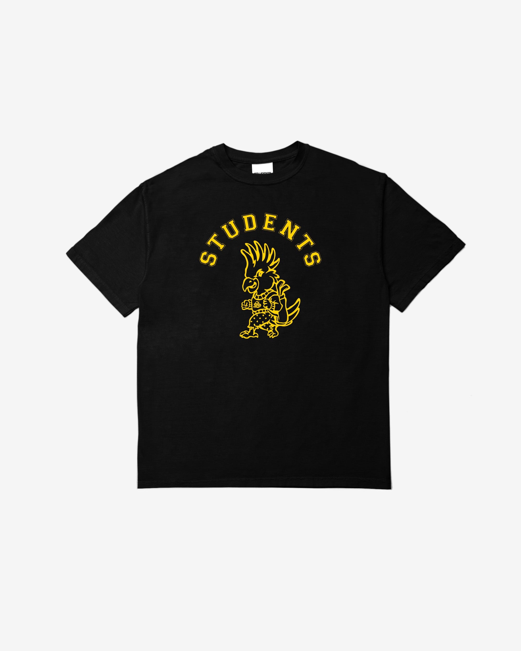 Students Golf Chippy S/S T-Shirt in black, front flat lay with arched STUDENTS wordmark and eagle chest graphic