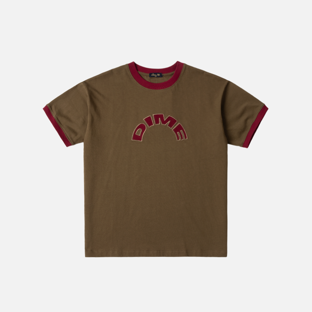 Dime MTL Arch Ringer T-Shirt in Brown, flat front view with contrast beige ribs