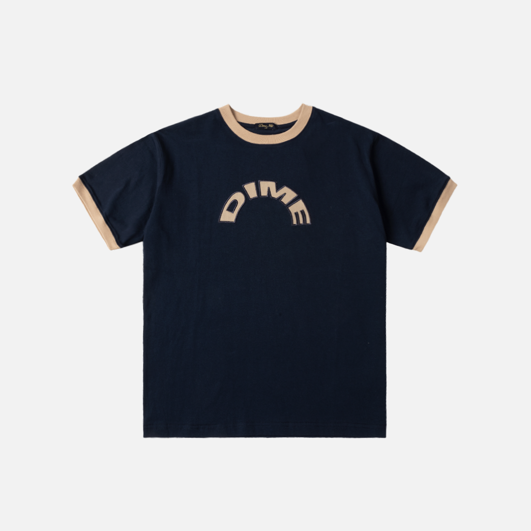 Dime MTL Arch Ringer T-Shirt in Navy, flat front view with contrast beige ribs