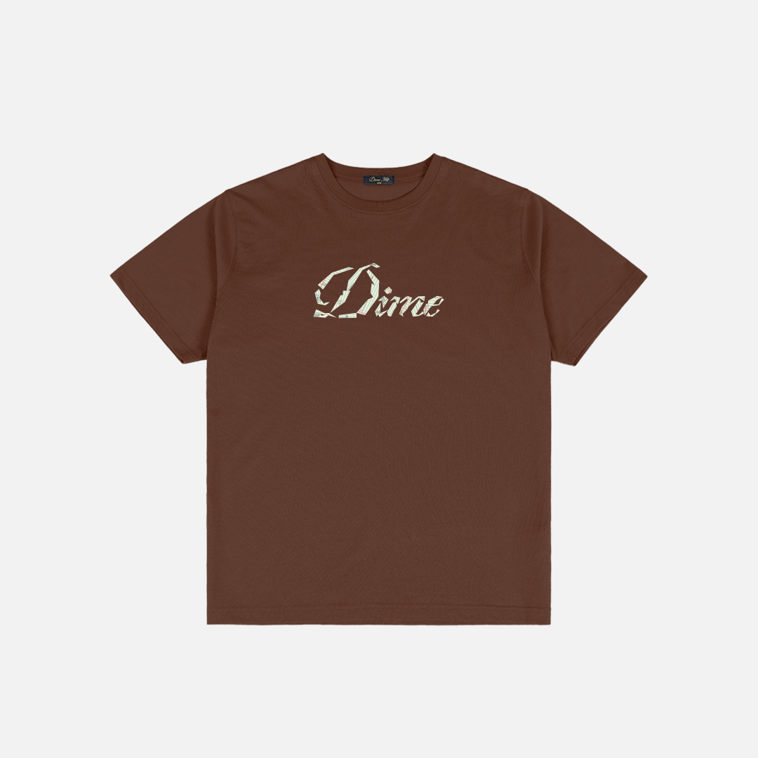 Dime MTL Cursive Paper Cut T-Shirt in Dark Brown, front view