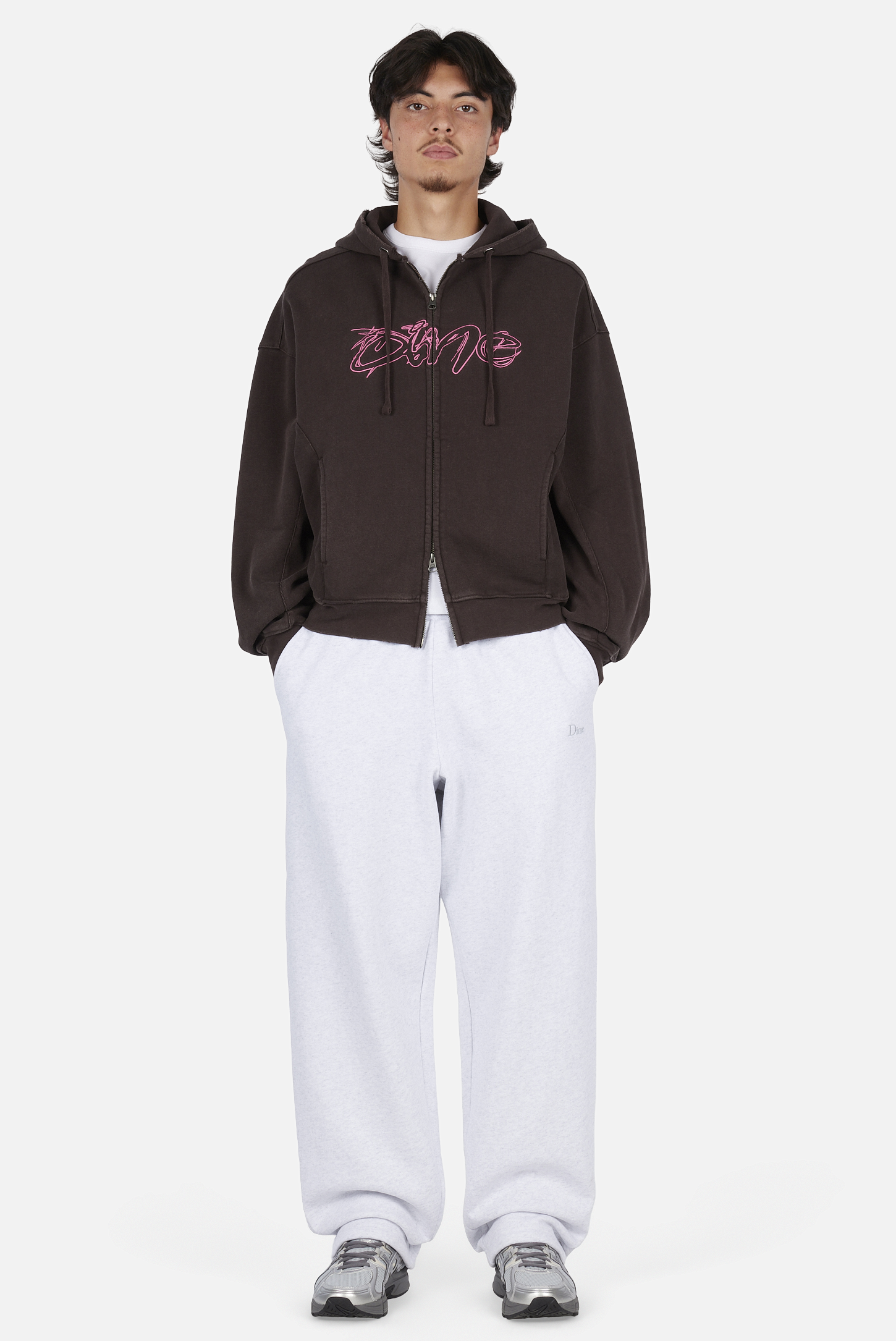 Dime MTL Distressed Terry Zip Hoodie Acid Brown — worn by model