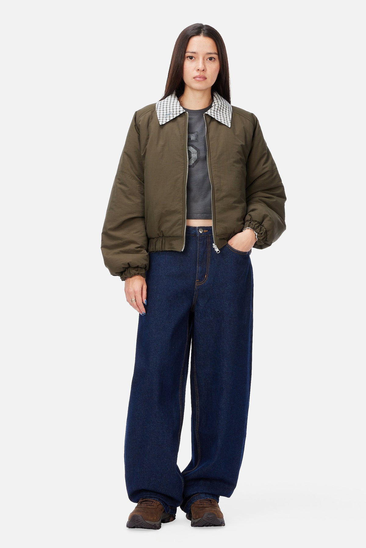 Dime MTL Women's Reversible Bomber Jacket Olive — worn by model