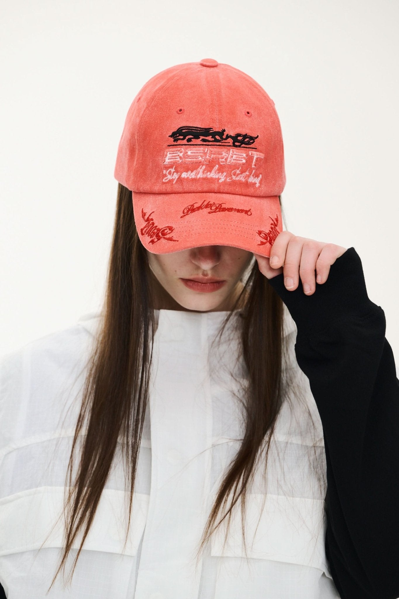 BS Rabbit 3D Embroidery Dirty Washed Cotton Cap – Red - Gallery Streetwear