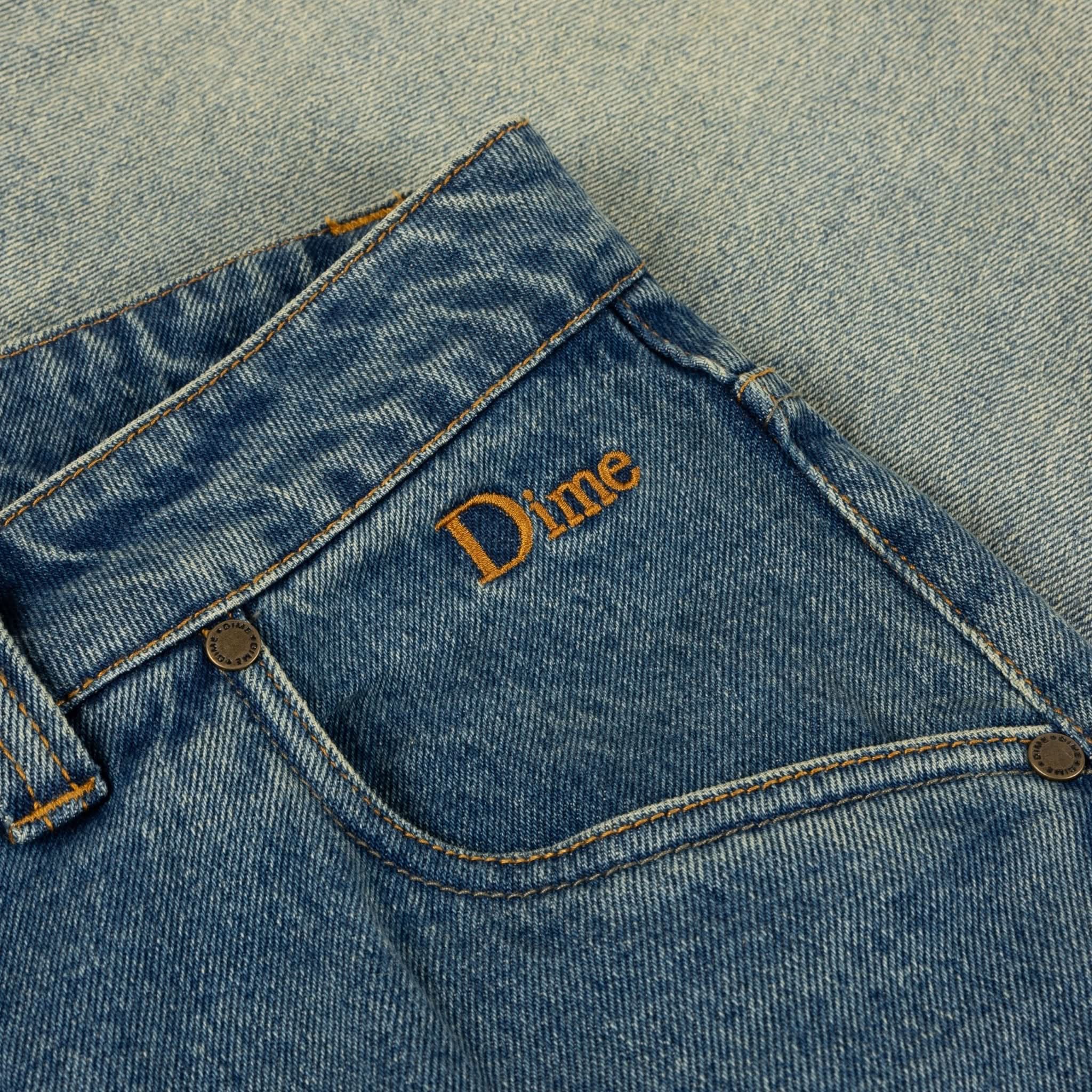 Dime MTL | Baggy Denim Dipped Indigo close up of Dime logo-Gallery Streetwear