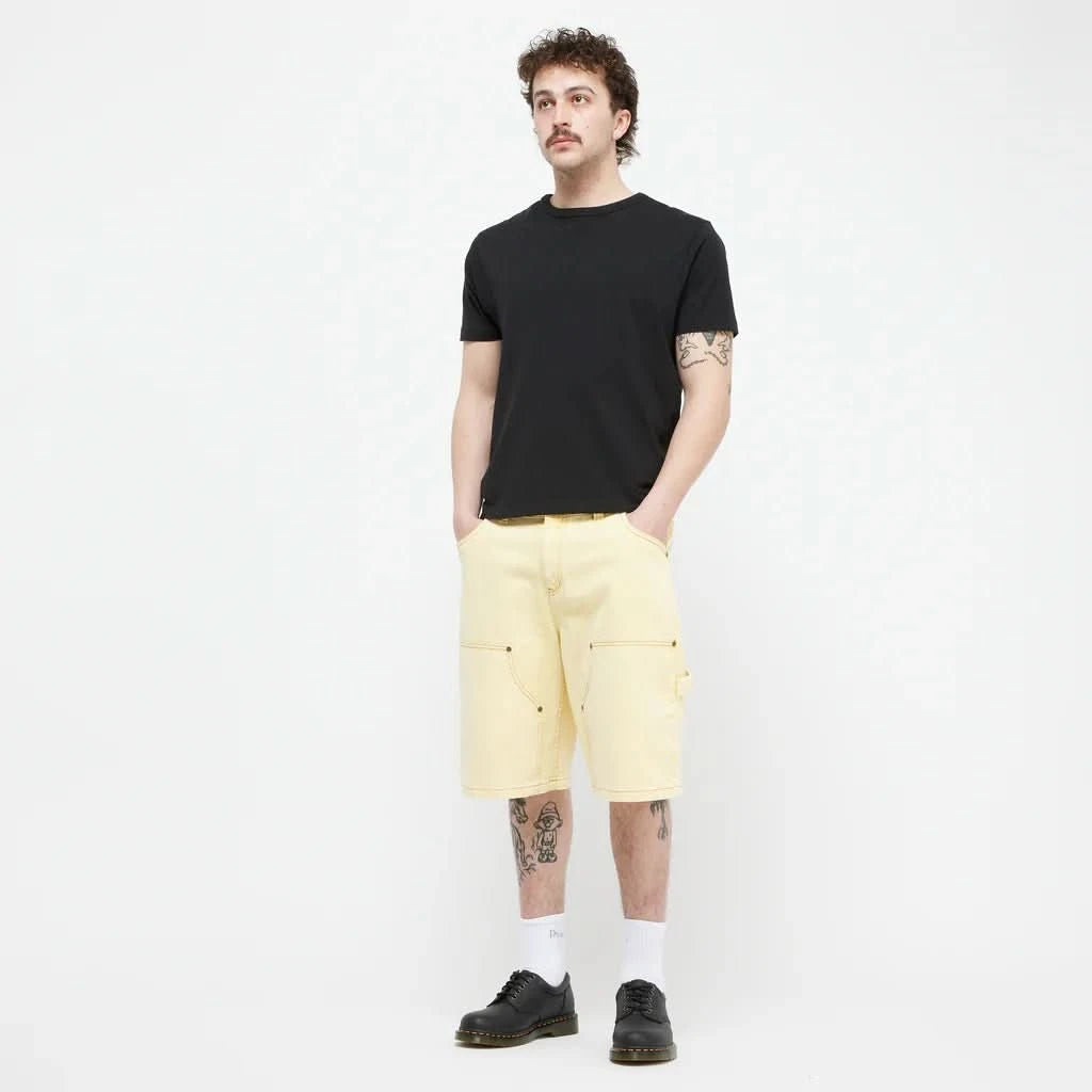 Dime MTL Carpenter Denim Jorts – Lemon Utility Skate Shorts on model at Gallery Streetwear Kelowna BC Canada