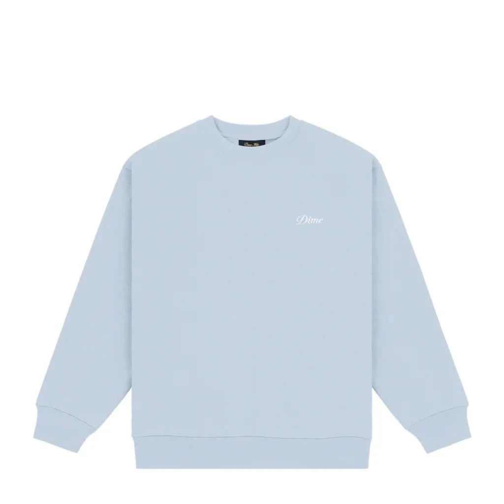 Dime MTL Cursive Small Logo Crewneck – Blue Fog Heavyweight Skate Sweatshirt - Gallery Streetwear