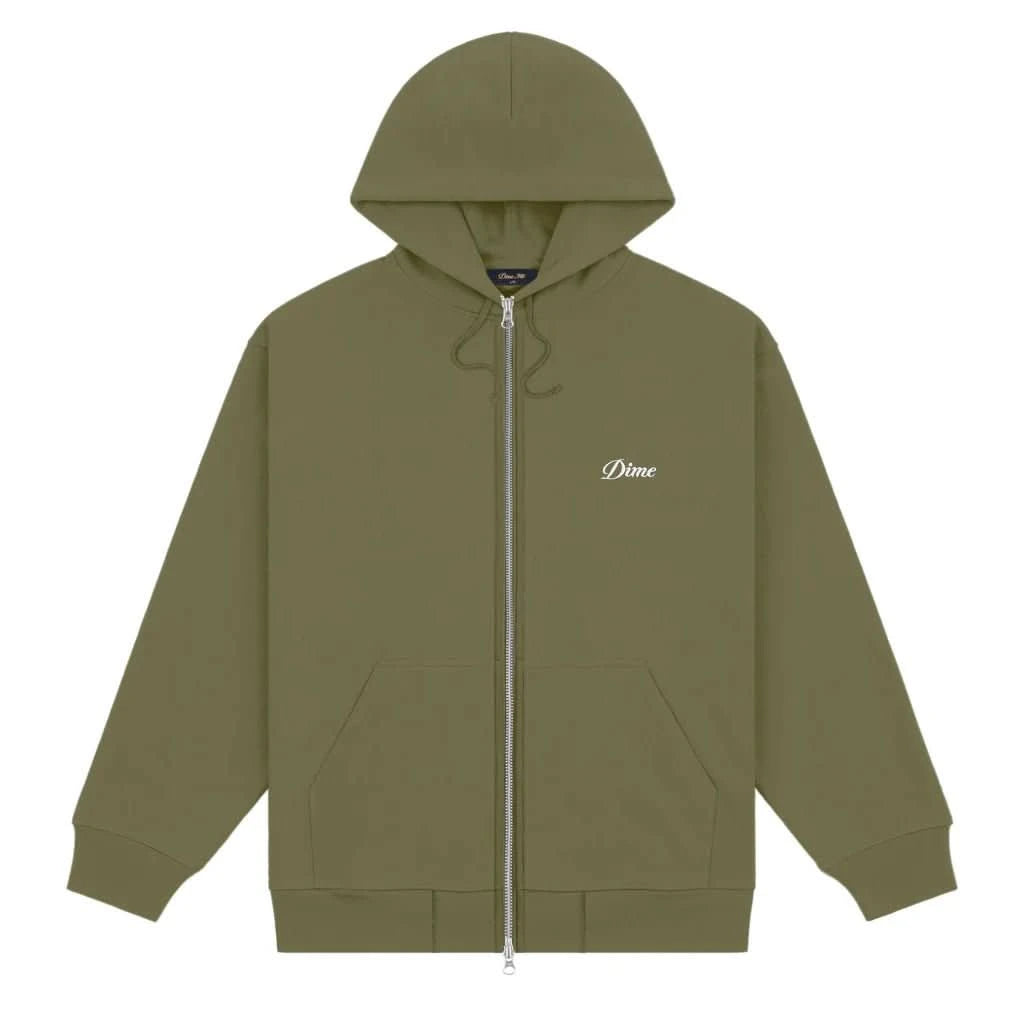 Dime MTL Cursive Zip – Dark Olive Midweight Fleece Full - Zip - Gallery Streetwear