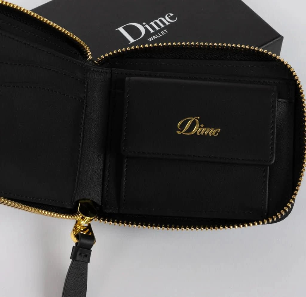 Dime MTL Cursive Zip Wallet – Black Leather Card and Coin Pouch - Gallery Streetwear