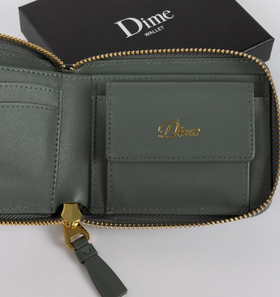 Dime MTL Cursive Zip Wallet – Slate Green Leather Card and Coin Wallet - Gallery Streetwear