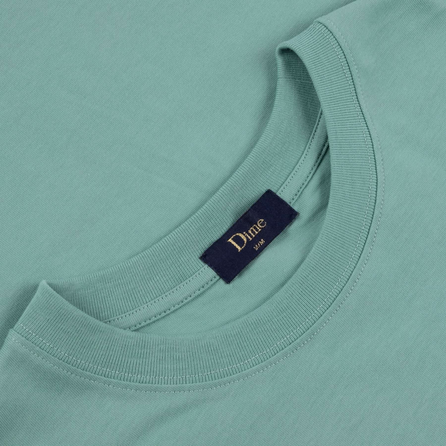 Dime MTL Small Logo Tee – Seaweed Green Skate T-Shirt close up - Gallery Streetwear
