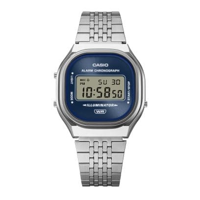 Casio A140WE-2A front view showing navy blue dial and LCD display
