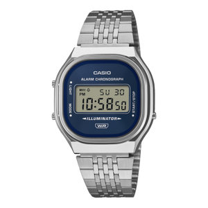 Casio Vintage A140WE-2A navy blue sunray dial digital watch on silver stainless steel bracelet