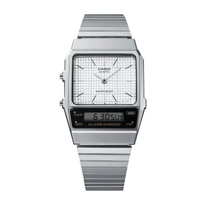 Casio AQ-800E-7A front view with grid-pattern dial and angled LCD