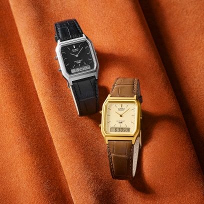 Casio AQ-230EL leather strap Vintage watch lifestyle image
