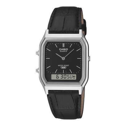 Casio AQ-230EL-1A silver and black analog-digital watch on genuine leather strap