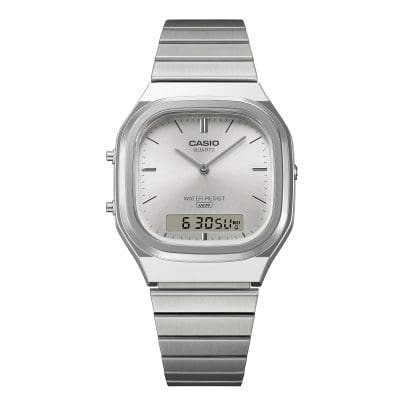 Casio AQ-240E-7A front view showing silver sunburst dial