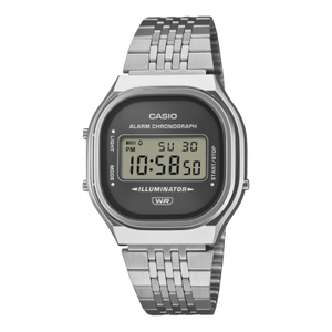 Casio Vintage A140WE-8A grey sunray dial digital watch on silver stainless steel bracelet