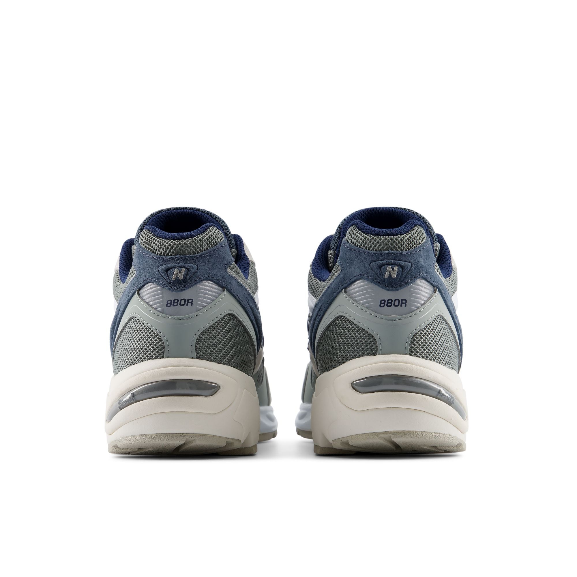 New Balance 880R Sea Salt with Bayberry and NB Navy, heel view of the pair