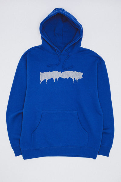 Fucking Awesome Reflective Drip Logo Hoodie in royal blue, front view - 10oz 70/30 cotton fleece, Fall 2026