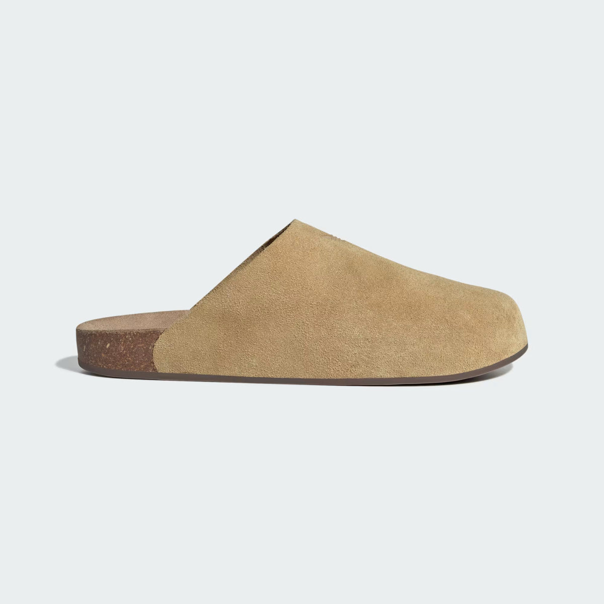 adidas Adimule slip-on mule in Golden Beige / Gum, suede leather upper and cork midsole