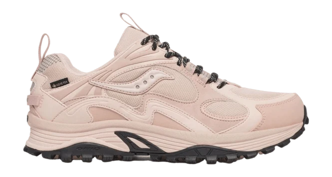 Saucony Grid Aura x GTX in pink, the gridded retro-runner with a GORE-TEX upper — the one Saucony style stocked at Gallery Streetwear, Kelowna BC