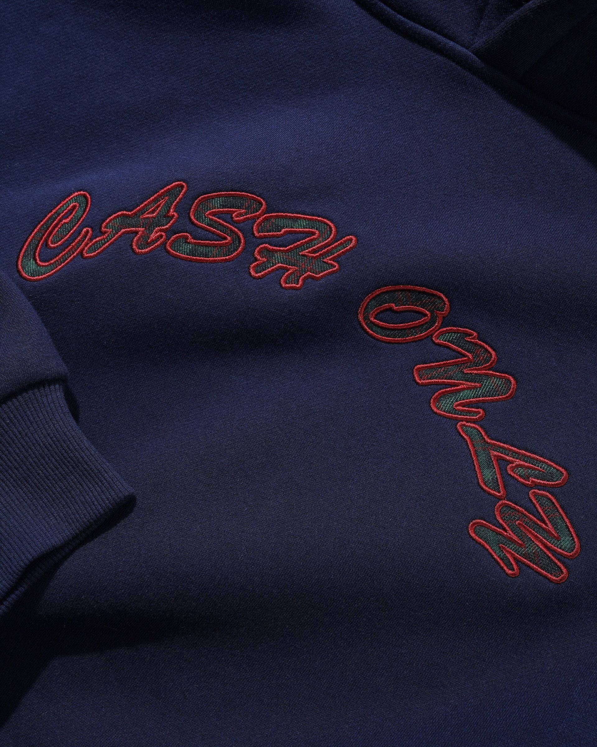 Cash Only Plaid Applique Logo Pullover Hood Navy - embroidery detail