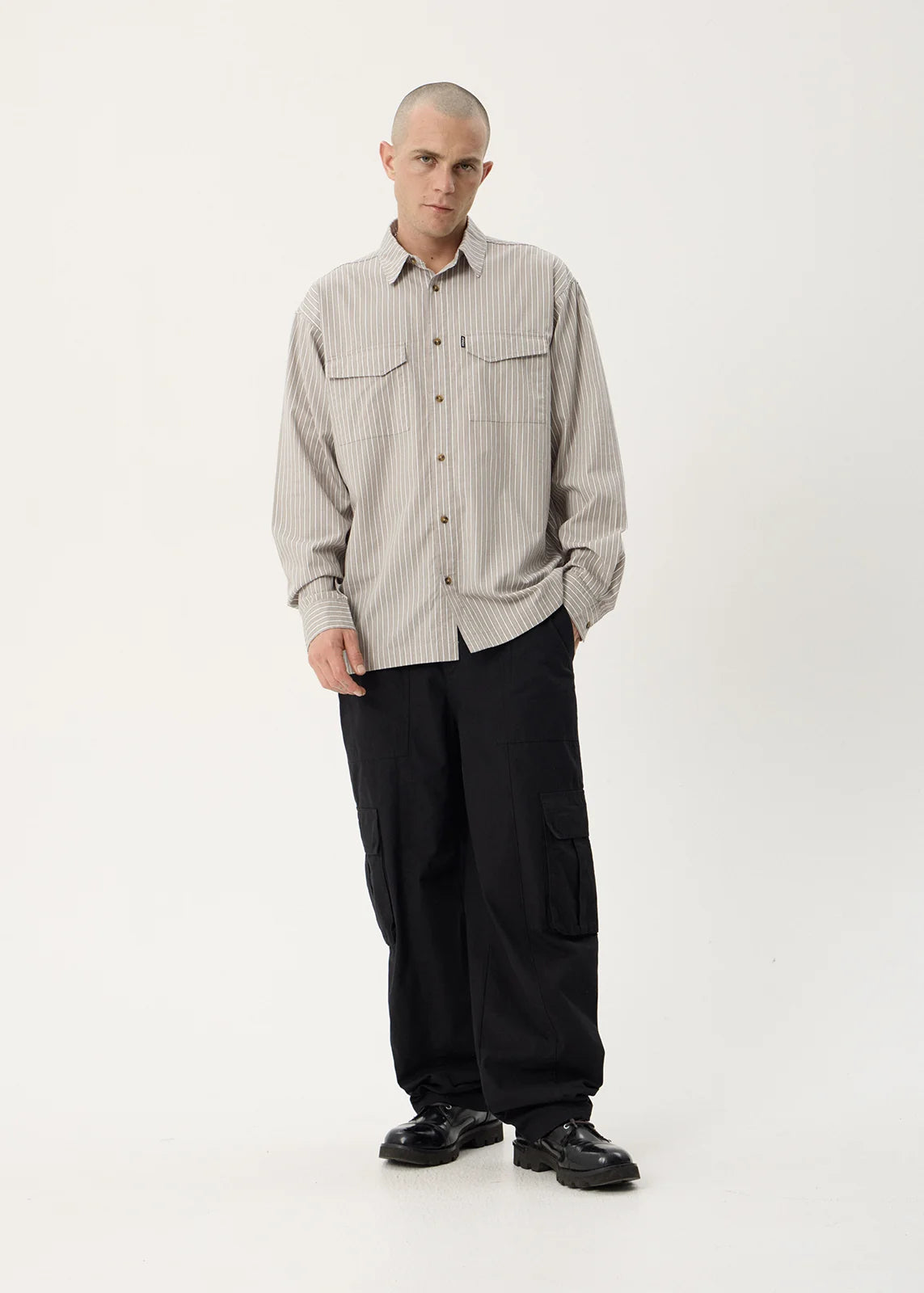 Afends Lennox Organic Oversized Long Sleeve Shirt – Olive Stripe