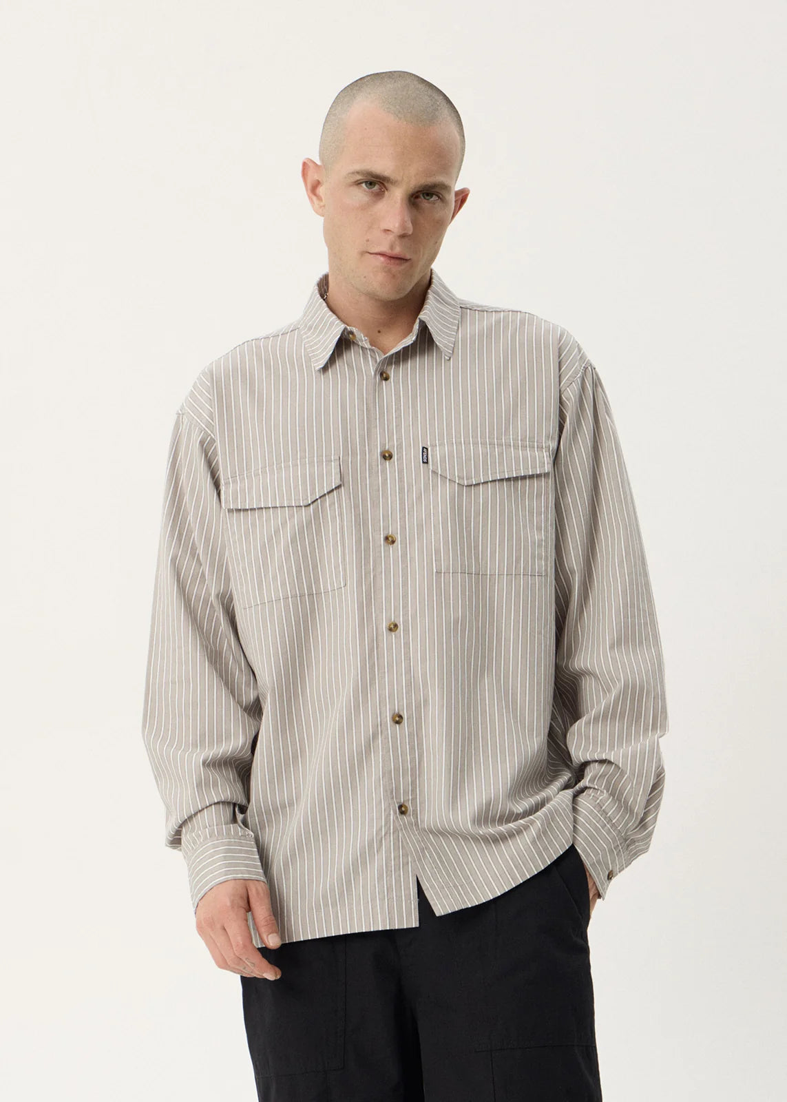 Afends Lennox Organic Oversized Long Sleeve Shirt – Olive Stripe