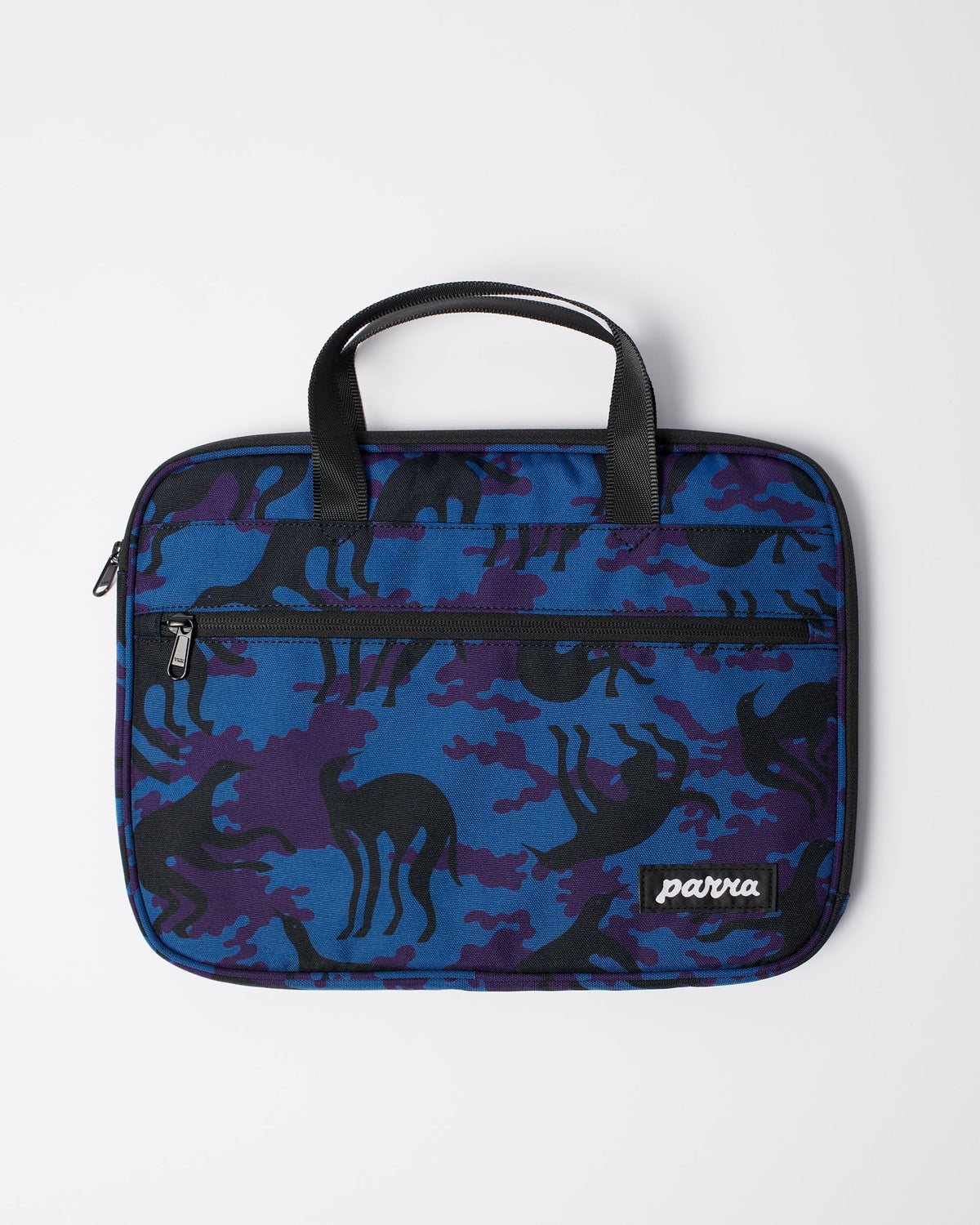 Parra Purple Camo Beast laptop sleeve in blue, front view — padded sleeve