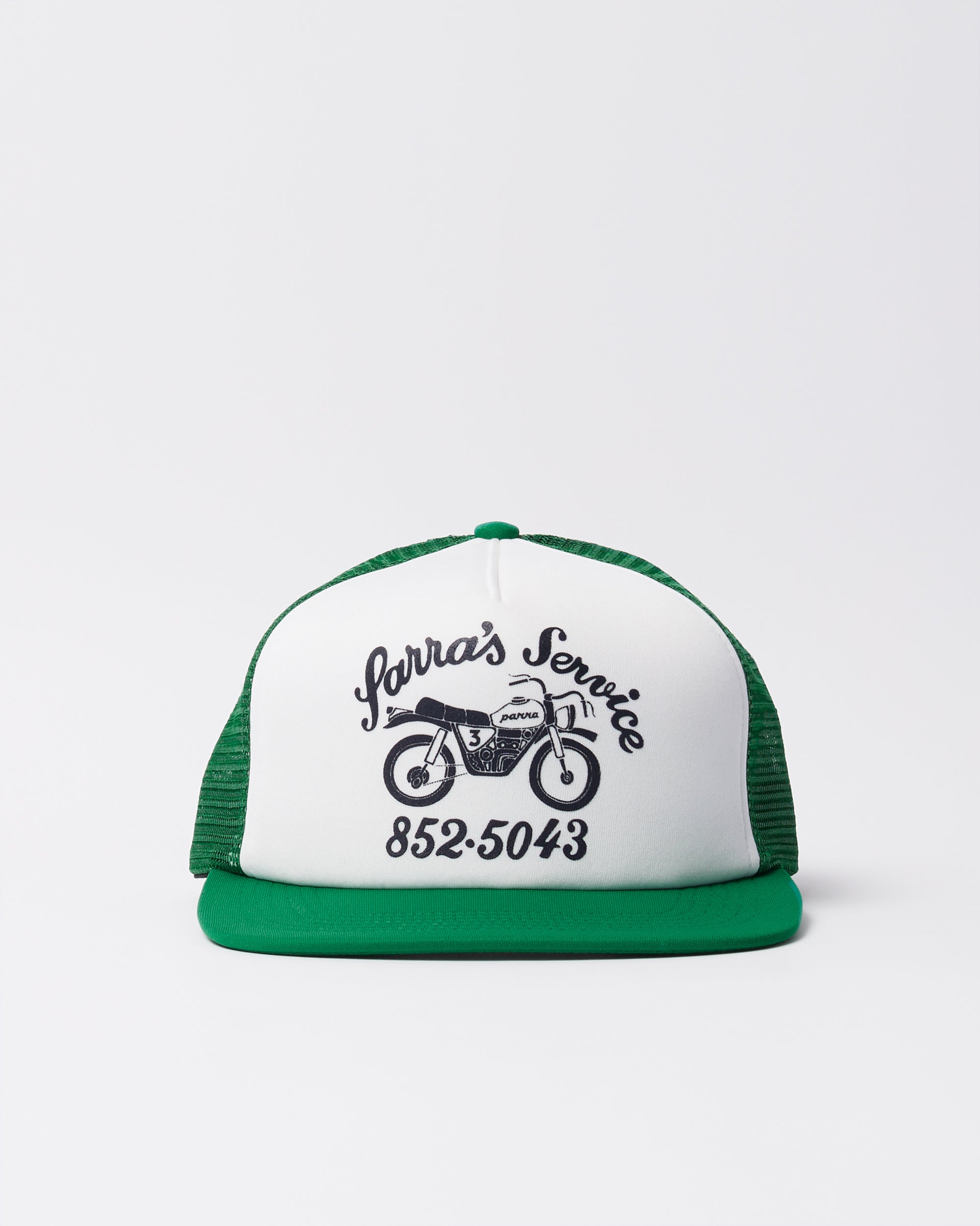 Parra Moto Service 5 panel hat in green, front view