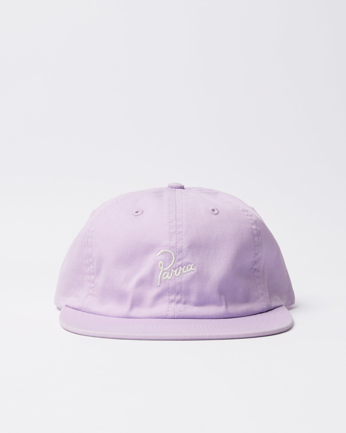 Parra Signature 6 panel hat in purple, front view — embroidered script