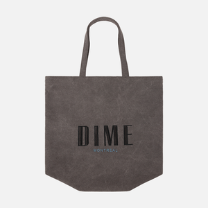 Dime MTL Montreal Tote Bag in Charcoal, front view with printed graphic