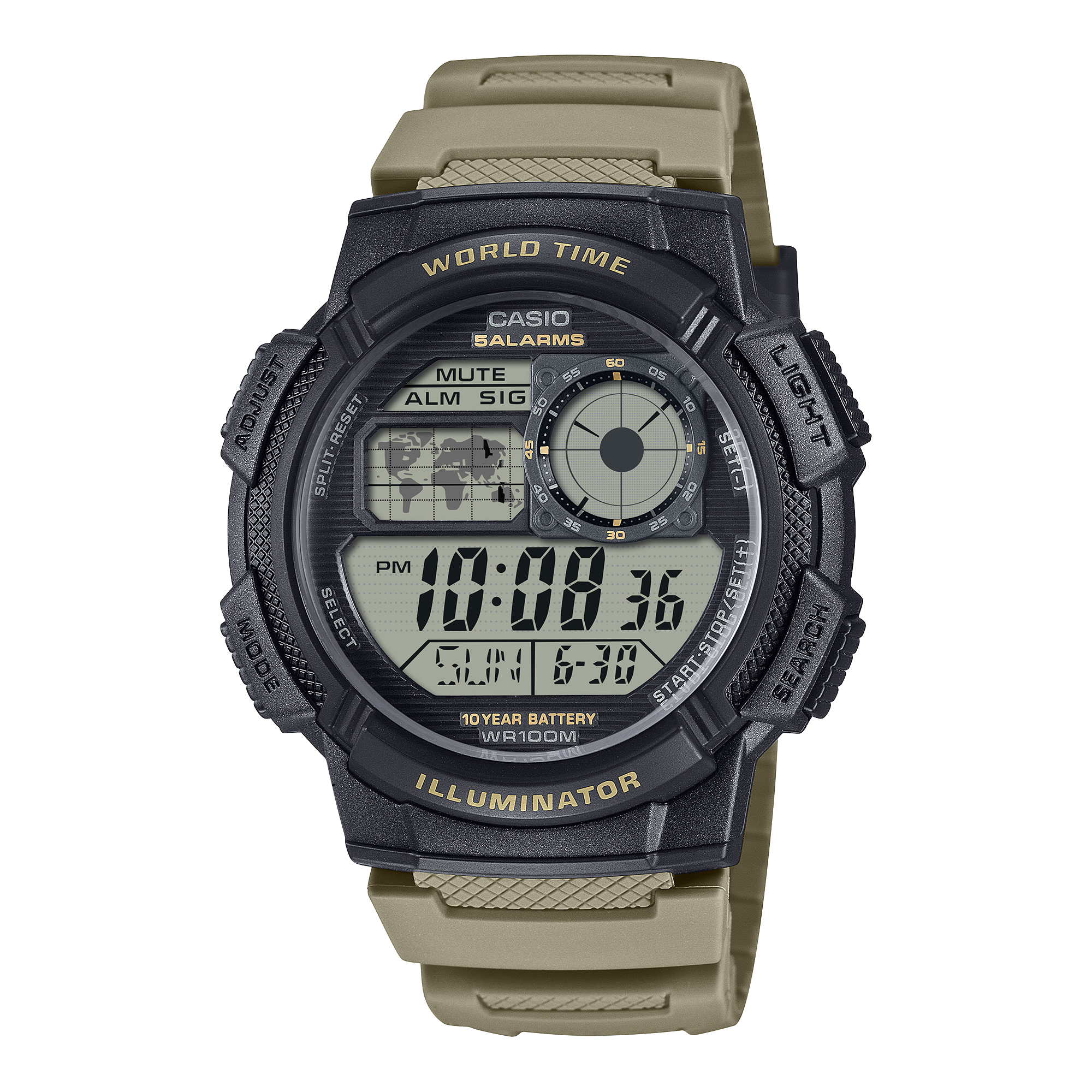 Casio AE-1000W-5AV khaki resin world time digital watch, front view