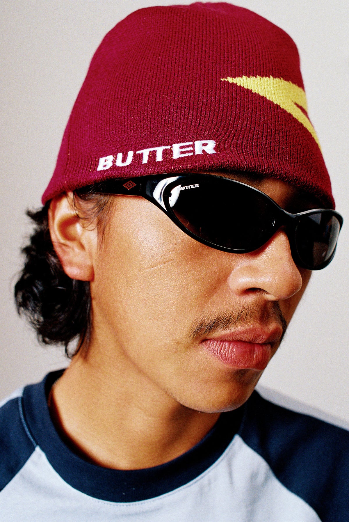 Butter Goods x Umbro Diamond Skully Beanie Burgundy — worn by model