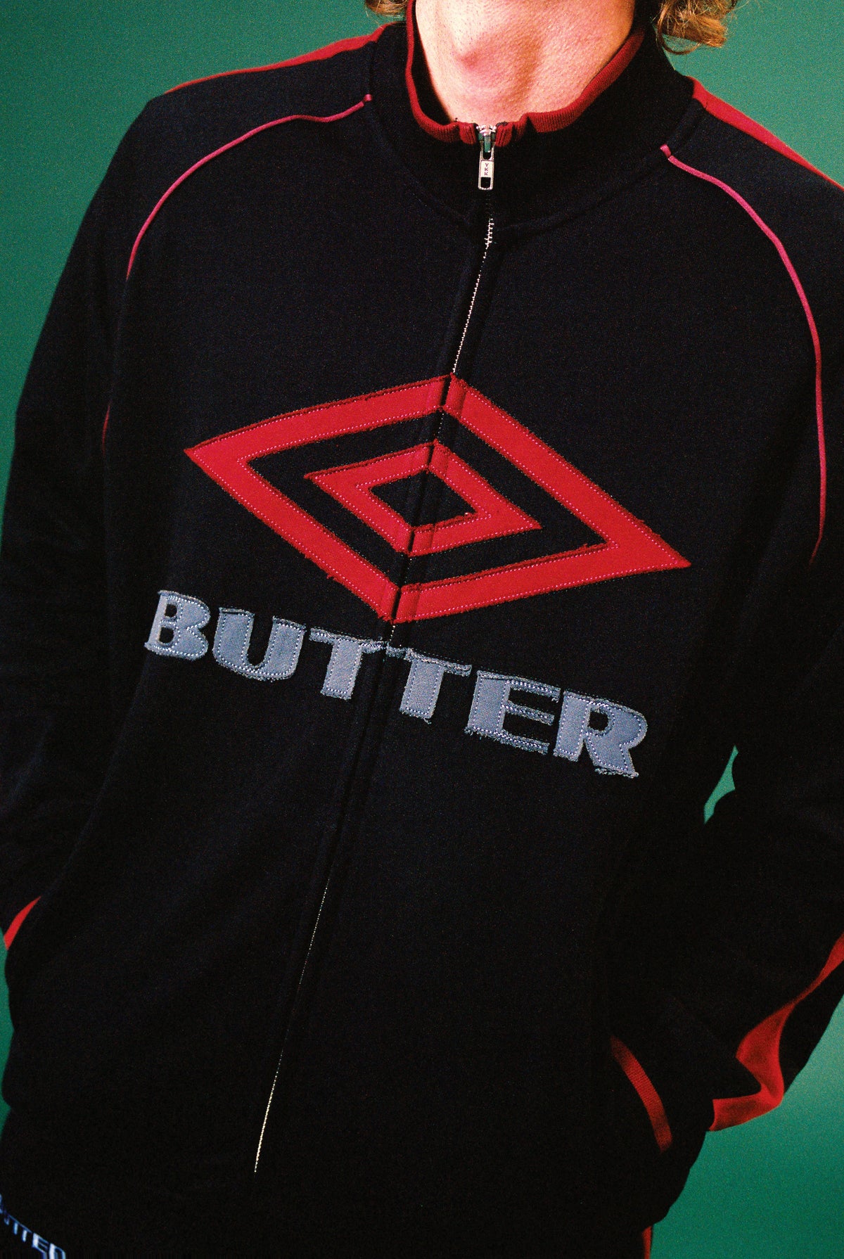 Butter Goods x Umbro Diamond Fleece Zip-Thru Jacket Black — worn by model