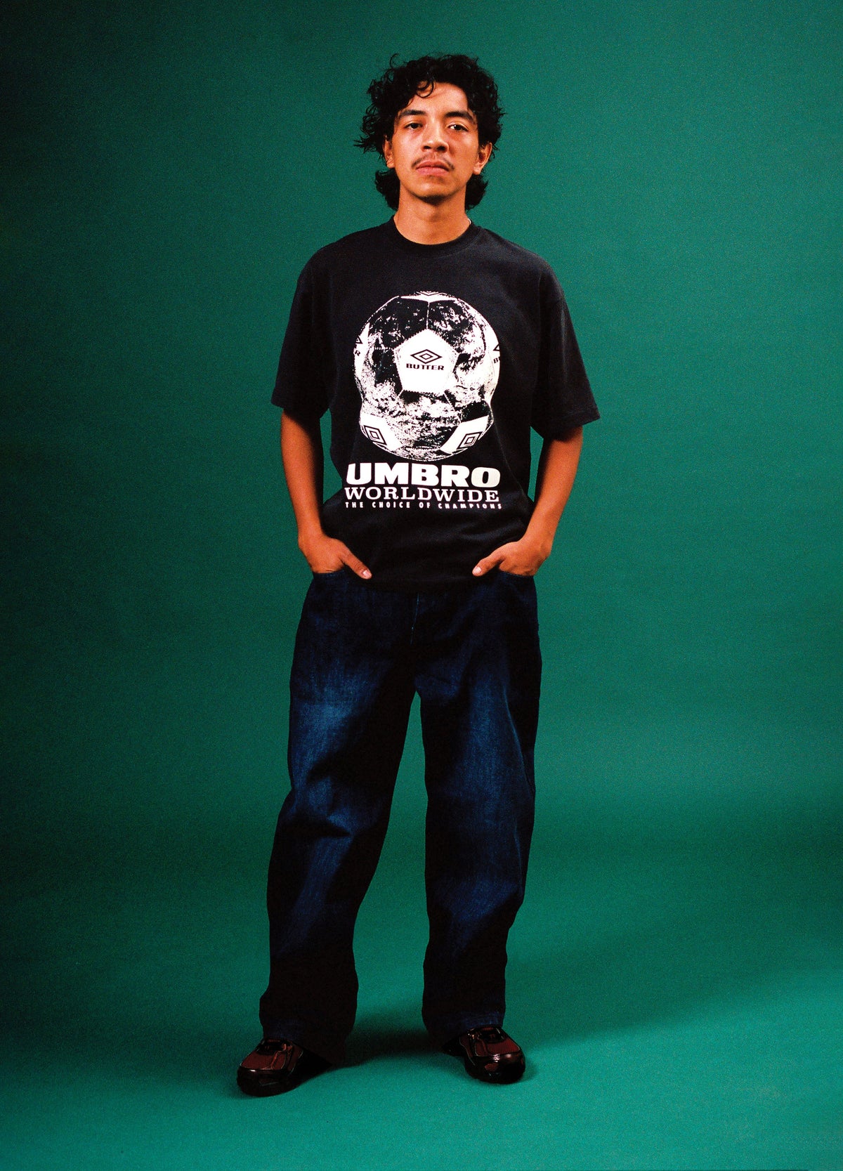 Butter Goods x Umbro World Game Tee Washed Black — worn by model