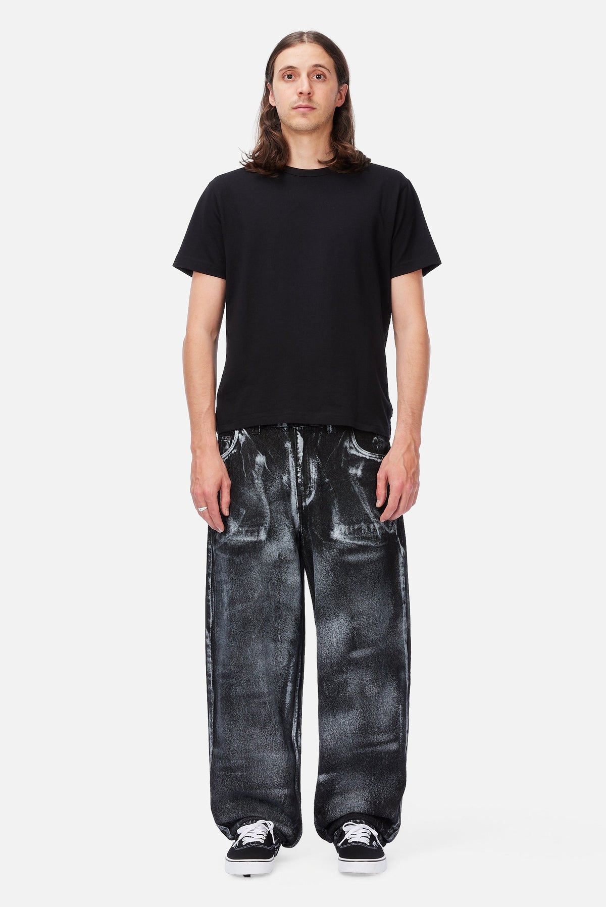 Dime MTL Baggy Denim Pants Black (White Paint) — worn by model