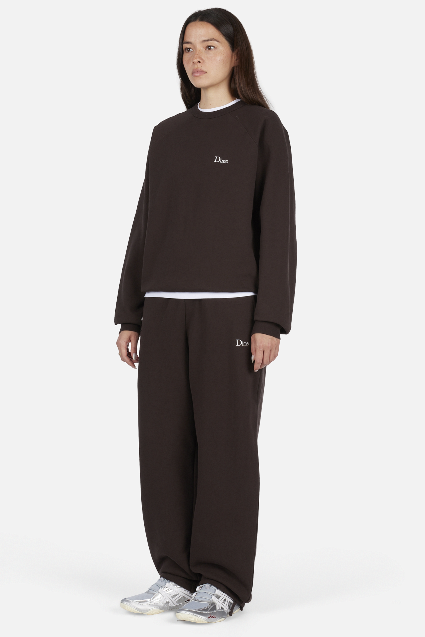 Dime MTL Classic Small Logo Crewneck Dark Brown — worn by model