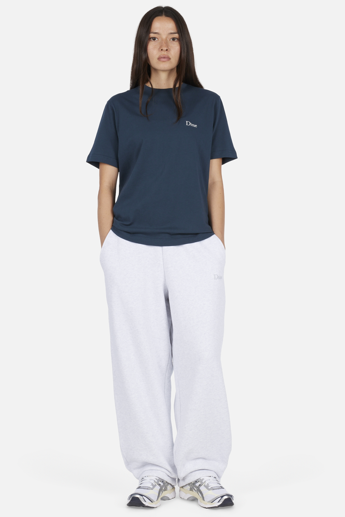 Dime MTL Classic Small Logo T-Shirt Navy — worn by model