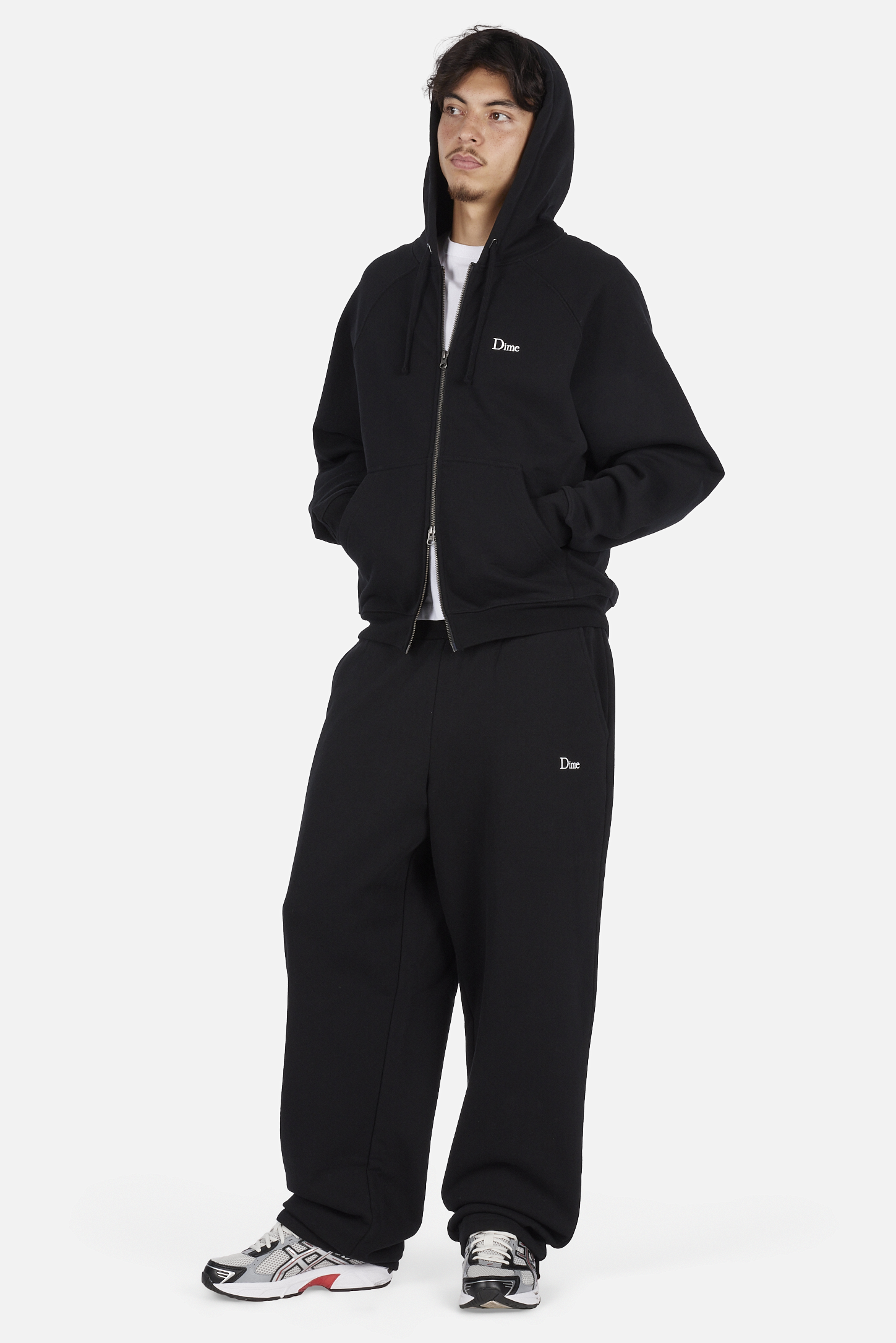 Dime MTL Classic Small Logo Zip Hoodie Black — worn by model