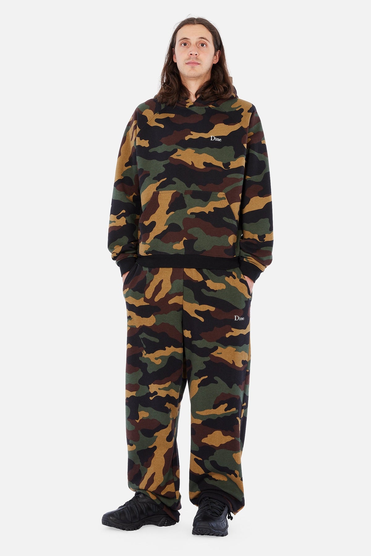 Dime MTL Classic Logo Hoodie Dark Camo — worn by model
