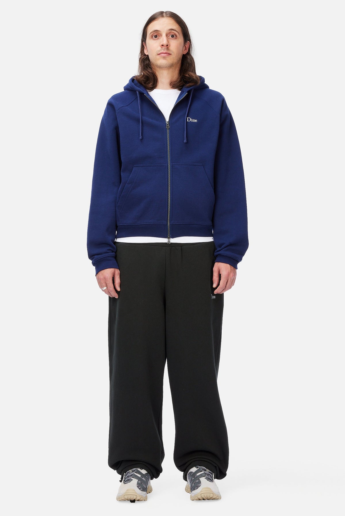 Dime MTL Classic Logo Zip Hoodie Navy — worn by model