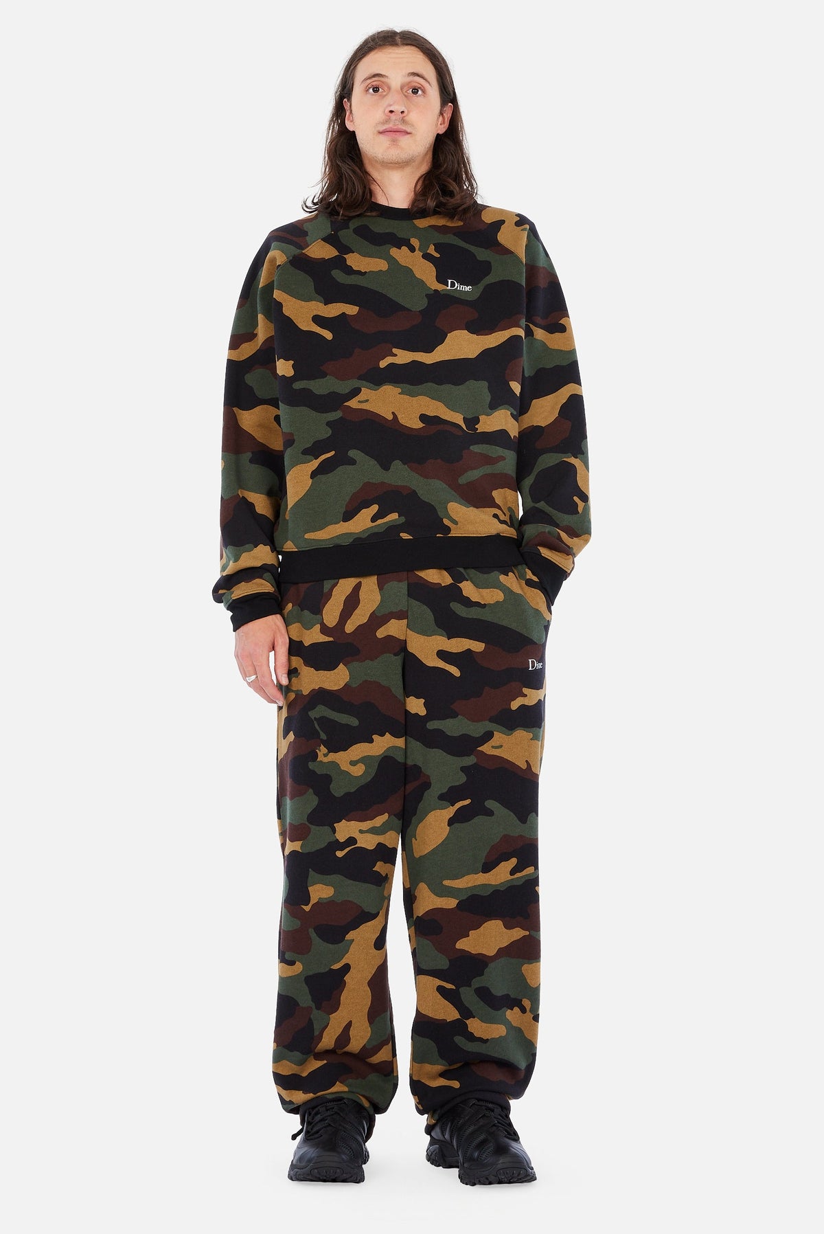Dime MTL Classic Logo Crewneck Dark Camo — worn by model