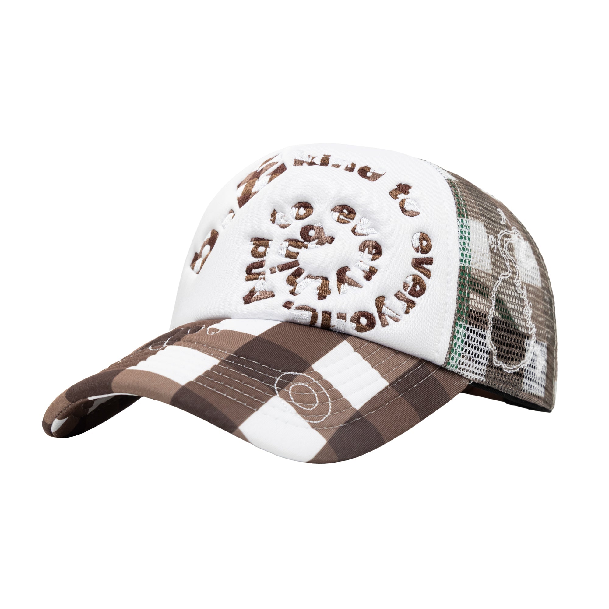 b.Eautiful Bi Foam Trucker Hat in brown checker, front — Gallery Streetwear Canada